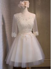  White Scoop Neckline Appliques Prom Gown Half Sleeves Lace Up