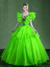 Superior Sleeveless Organza Floor Length Lace Up Quinceanera Dress in with Appliques and Ruffles