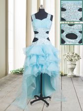 Discount Straps High Low Criss Cross Homecoming Dress Aqua Blue for Prom with Beading and Ruffled Layers