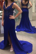 Beautiful Royal Blue V-neck Backless Beading and Appliques Sweep Train Sleeveless