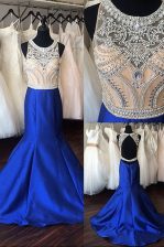 Comfortable Mermaid Scoop Royal Blue Sleeveless Sweep Train Beading Prom Evening Gown