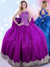 Artistic Halter Top Sleeveless Lace Up Floor Length Beading and Bowknot Quinceanera Dress
