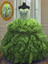 Traditional Green Sleeveless Floor Length Beading and Ruffles Lace Up Quince Ball Gowns