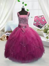 Hot Sale Sleeveless Floor Length Beading and Ruffles Lace Up Kids Formal Wear with Rose Pink