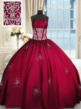  Sleeveless Floor Length Beading and Appliques and Ruching Lace Up Vestidos de Quinceanera with Wine Red