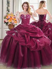 Vintage Floor Length Lace Up Quinceanera Dresses Burgundy for Military Ball and Sweet 16 and Quinceanera with Appliques and Pick Ups