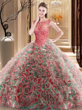  Scoop Multi-color 15 Quinceanera Dress Fabric With Rolling Flowers Brush Train Sleeveless Beading