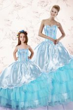 Simple Baby Blue Sweetheart Zipper Embroidery and Ruffled Layers Quinceanera Dresses Sleeveless