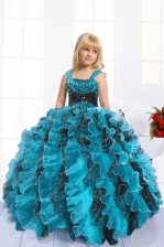  Turquoise Lace Up Straps Beading and Ruffles Little Girls Pageant Gowns Organza Sleeveless
