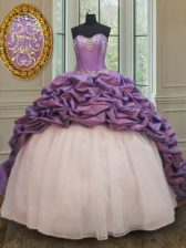  Sleeveless With Train Beading and Pick Ups Lace Up Sweet 16 Quinceanera Dress with White And Purple Court Train