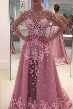 Traditional Long Sleeves Tulle With Train Sweep Train Zipper Prom Evening Gown in Lilac with Appliques