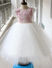 Fancy Scoop Beading Flower Girl Dress White and Lilac Zipper Cap Sleeves Ankle Length
