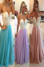 Dynamic Floor Length Clasp Handle Prom Gown Blue for Prom and Party with Beading
