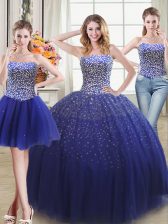 Customized Three Piece Floor Length Royal Blue Quinceanera Gown Tulle Sleeveless Beading