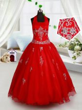  Halter Top Beading and Appliques Little Girls Pageant Dress Red Lace Up Sleeveless Floor Length