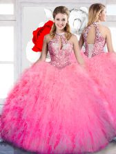High End Halter Top Hot Pink Sleeveless Tulle Lace Up Sweet 16 Dresses for Military Ball and Sweet 16 and Quinceanera