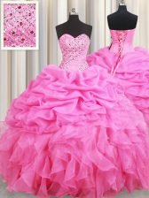 Beautiful Rose Pink Ball Gowns Organza Sweetheart Sleeveless Beading and Ruffles and Pick Ups Floor Length Lace Up Quinceanera Dress