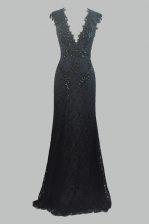 Wonderful Black V-neck Neckline Beading and Lace Prom Gown Cap Sleeves Zipper