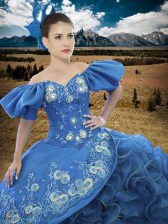 Dazzling Organza Off The Shoulder Short Sleeves Lace Up Appliques and Ruffles Quinceanera Dress in Blue