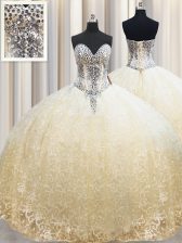 Comfortable Sleeveless Organza Floor Length Lace Up 15th Birthday Dress in Champagne with Beading and Appliques