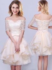 Extravagant Off The Shoulder Short Sleeves Organza Quinceanera Court of Honor Dress Lace and Ruffles and Belt Lace Up