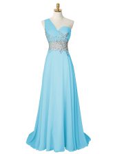 Wonderful One Shoulder Sleeveless Dress for Prom With Brush Train Beading Aqua Blue Chiffon