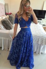 Hot Selling Royal Blue Prom Dress Chiffon Sweep Train Short Sleeves Lace and Appliques