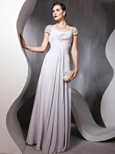 Classical Silver Column/Sheath Square Cap Sleeves Chiffon Floor Length Zipper Beading and Ruching Dress for Prom