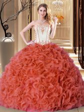  Rust Red Ball Gowns Strapless Sleeveless Fabric With Rolling Flowers Floor Length Lace Up Embroidery and Ruffles 15th Birthday Dress