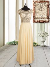  Champagne Prom Evening Gown Prom with Beading Scoop Cap Sleeves Zipper