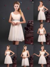  Champagne Sleeveless Mini Length Ruffles and Sequins and Ruching and Bowknot and Hand Made Flower Zipper Quinceanera Dama Dress