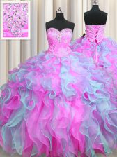  Multi-color Sleeveless Floor Length Beading and Appliques and Ruffles Lace Up Quinceanera Dress