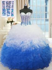 Fantastic Floor Length Blue And White Quinceanera Dress Sweetheart Sleeveless Lace Up