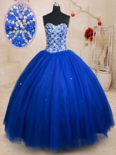 On Sale Royal Blue Ball Gowns Beading 15 Quinceanera Dress Lace Up Tulle Sleeveless Floor Length
