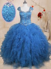 Perfect Teal 15 Quinceanera Dress Military Ball and Sweet 16 and Quinceanera with Beading and Ruffles and Sequins Straps Cap Sleeves Lace Up