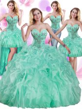 Cheap Four Piece Apple Green Sleeveless Floor Length Beading and Ruffles Lace Up Sweet 16 Quinceanera Dress
