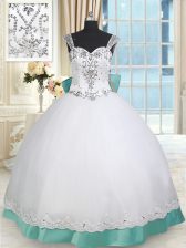 Hot Sale Straps Sleeveless Floor Length Beading and Lace and Bowknot Lace Up Quinceanera Gowns with White and Green