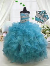  Blue Lace Up Little Girls Pageant Gowns Beading and Ruffles Sleeveless Floor Length