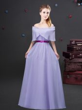 Exceptional Lavender Quinceanera Court of Honor Dress Prom and Party and Wedding Party with Ruching and Belt Off The Shoulder Half Sleeves Zipper