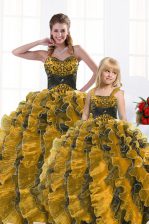  Organza Sweetheart Sleeveless Lace Up Beading and Appliques and Ruffles Ball Gown Prom Dress in Gold