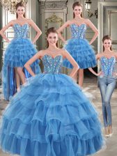 High Quality Four Piece Blue Lace Up Sweet 16 Quinceanera Dress Beading and Ruffled Layers Sleeveless Floor Length
