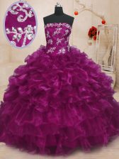  Fuchsia Organza Lace Up Sweet 16 Quinceanera Dress Sleeveless Floor Length Beading and Appliques and Ruffles
