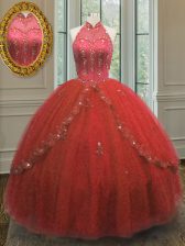  Halter Top Wine Red Ball Gowns Beading and Appliques Quinceanera Dresses Lace Up Tulle Sleeveless Floor Length