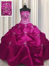  Sleeveless Floor Length Beading and Appliques and Embroidery Lace Up Ball Gown Prom Dress with Fuchsia