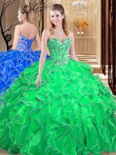  Sleeveless Floor Length Embroidery and Ruffles Lace Up Quinceanera Dress with Green