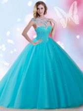  Aqua Blue Zipper High-neck Beading and Sequins Quince Ball Gowns Tulle Sleeveless