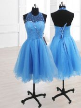 Simple High-neck Sleeveless Homecoming Dress Knee Length Sequins Baby Blue Organza