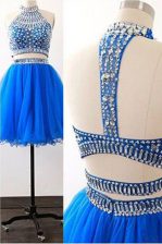 Royal Blue Zipper High-neck Sashes ribbons Homecoming Dress Tulle Sleeveless
