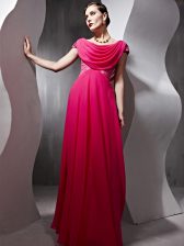 Perfect Hot Pink Prom Dress Prom and Party with Beading and Ruching Scoop Cap Sleeves Side Zipper