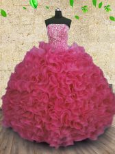 High Quality Hot Pink Organza Lace Up Vestidos de Quinceanera Sleeveless Floor Length Beading and Ruffles